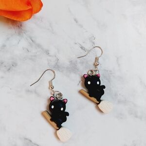 OpalGlaze Halloween Jewelry Cat on the broom Earrings Dangles
